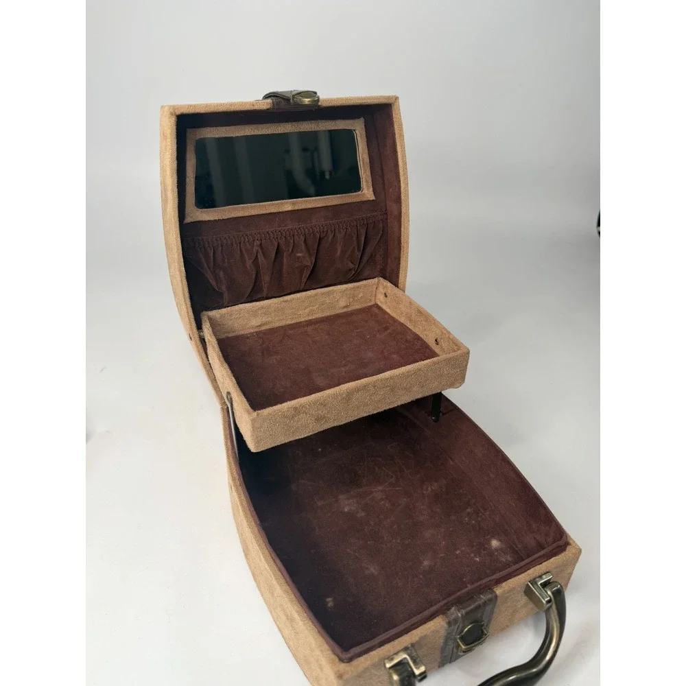 Vintage 1960s Travel Jewelry Case Valet Box Faux Suede Brown Tan Mirror